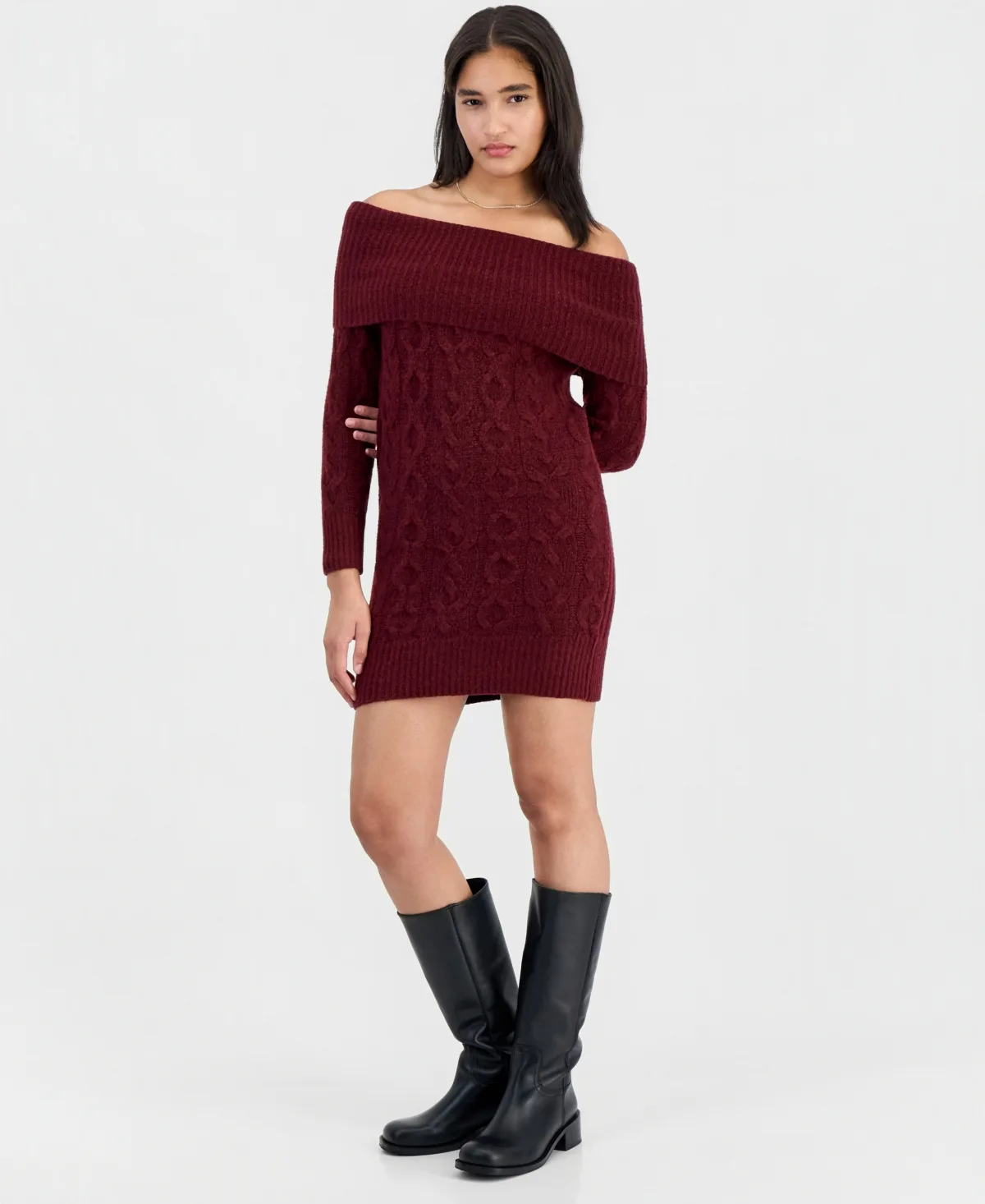 Marilyn Cable-Knit Off-the-Shoulder Mini Sweater Dress by Madden Girl