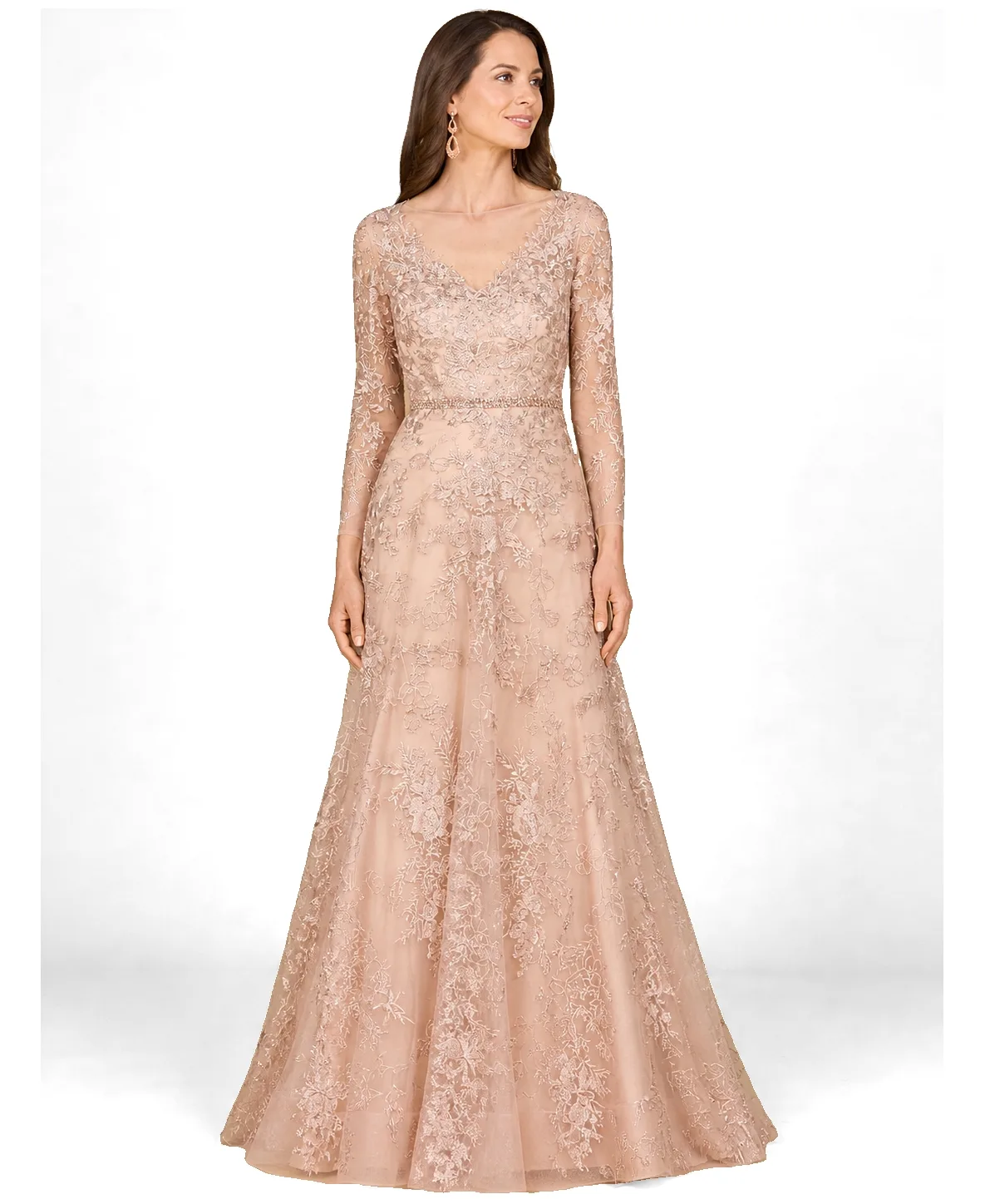 Long Sleeve V-Neck Lace Gown with Beaded Belt