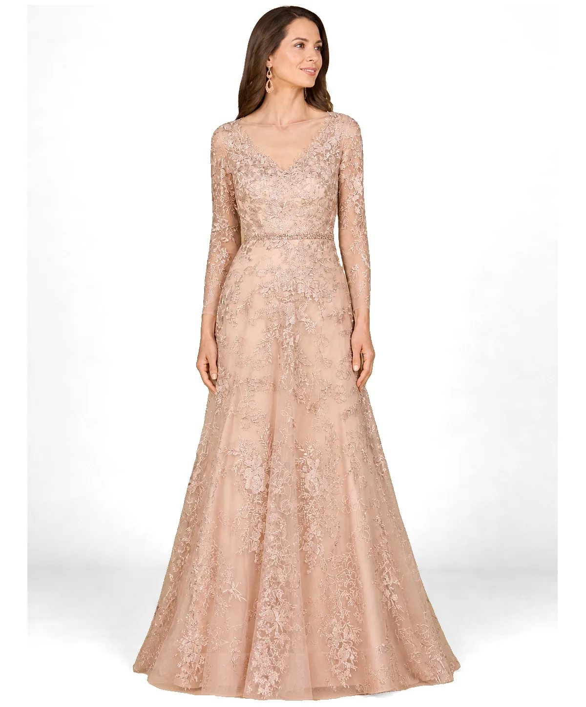 Long Sleeve V-Neck Lace Gown with Beaded Belt by Lara