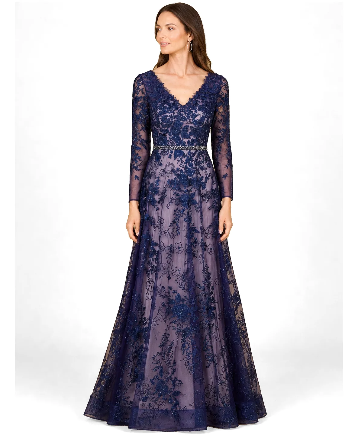 Long Sleeve V-Neck Lace Gown with Beaded Belt