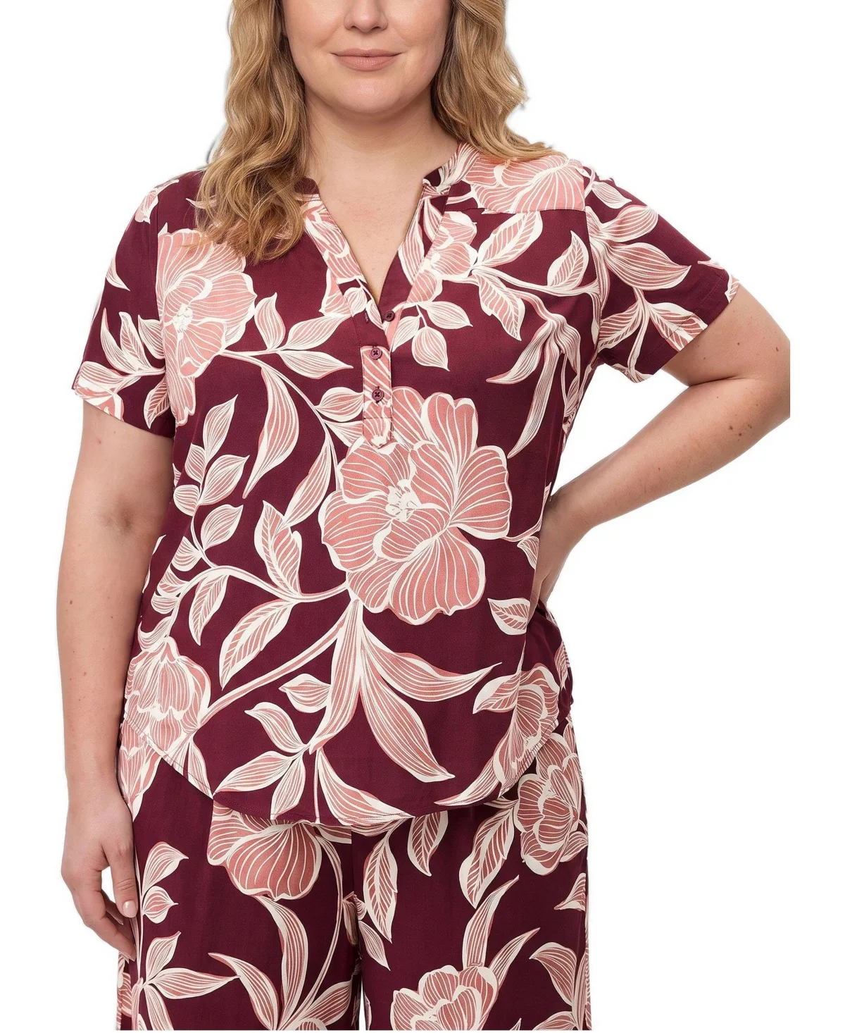 Harper Floral-Print Relaxed-Fit Split-Neck Short-Sleeve Blouse by Torrid