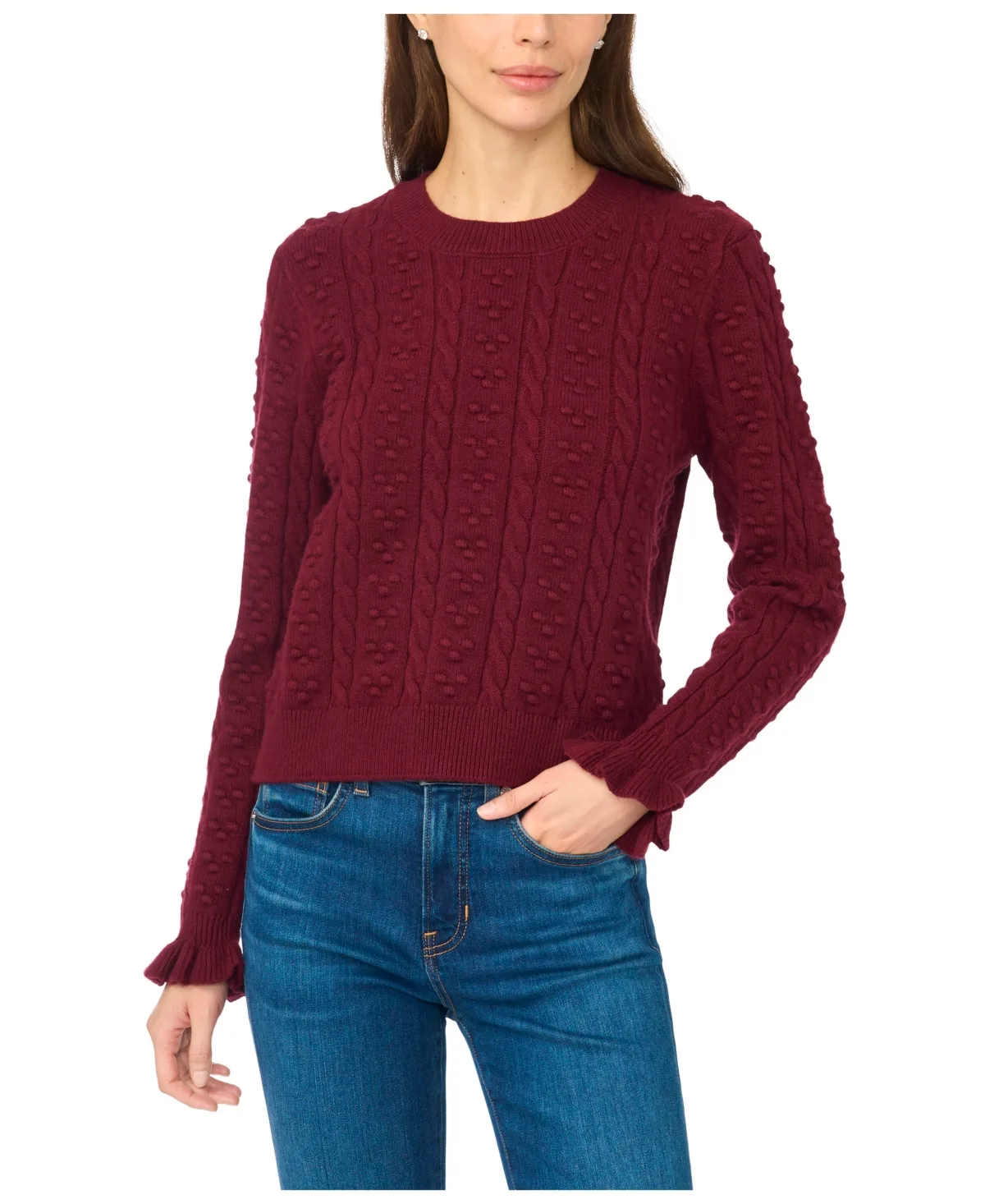 Cable-Knit Crewneck Ruffle-Trim Sweater