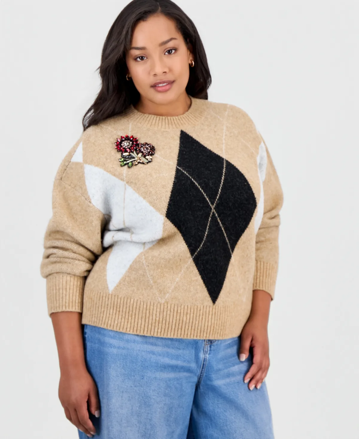 Argyle Crewneck Rhinestone Patch Applique Sweater by On 34th