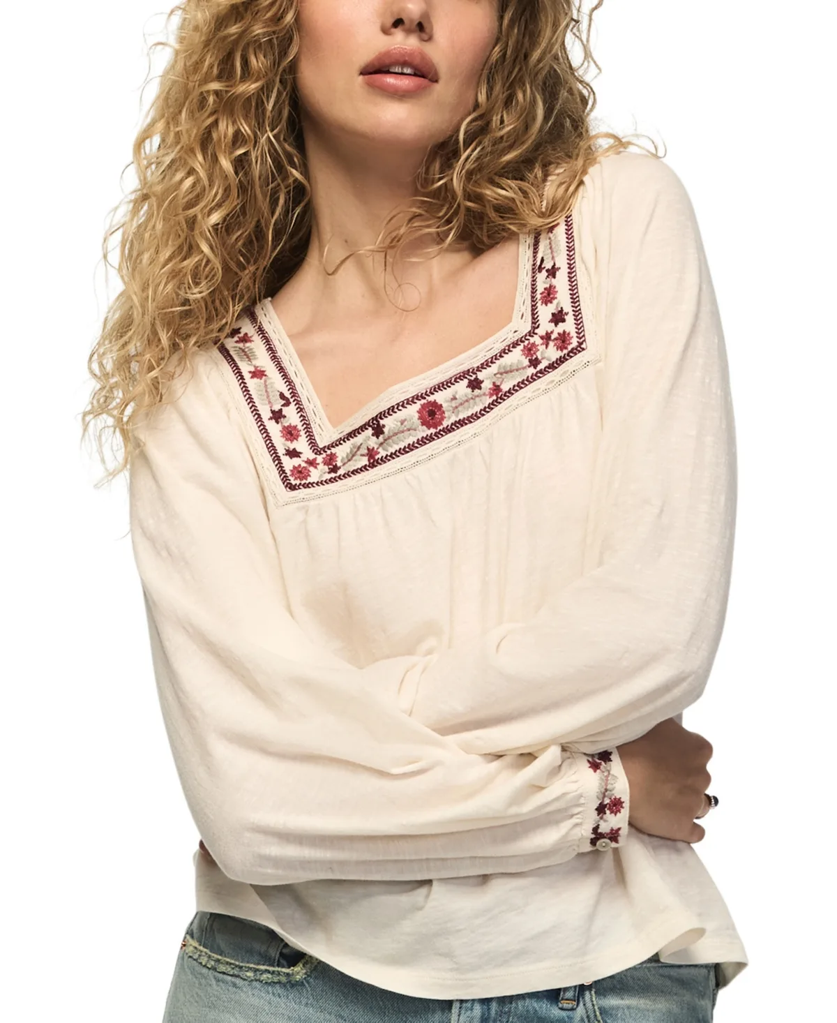 Square Neck Long-Sleeve Embroidered Cotton Knit Top by Lucky Brand