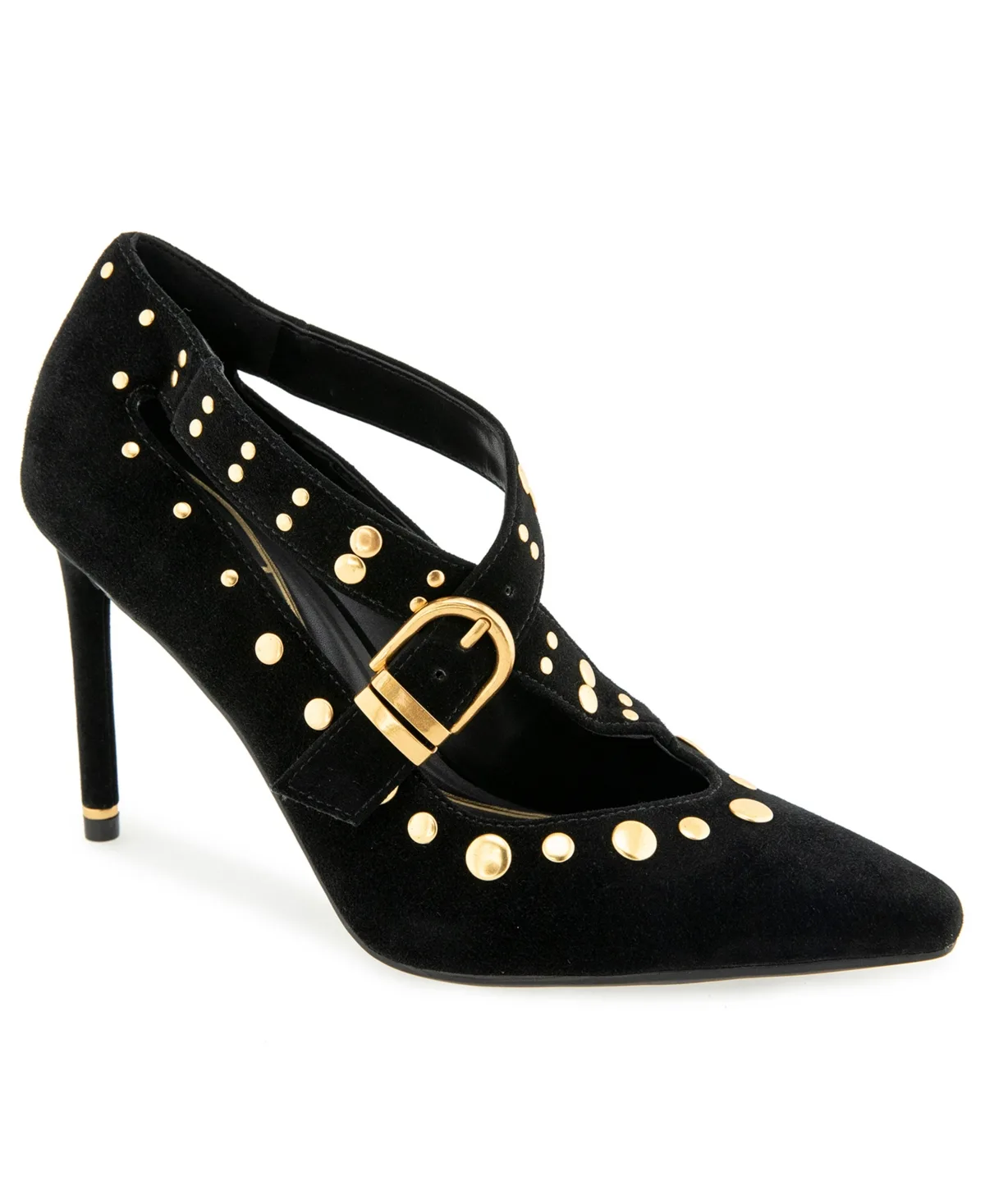 Qupid Stud Snip Toe Stiletto Pumps - Black Suede by Kenneth Cole