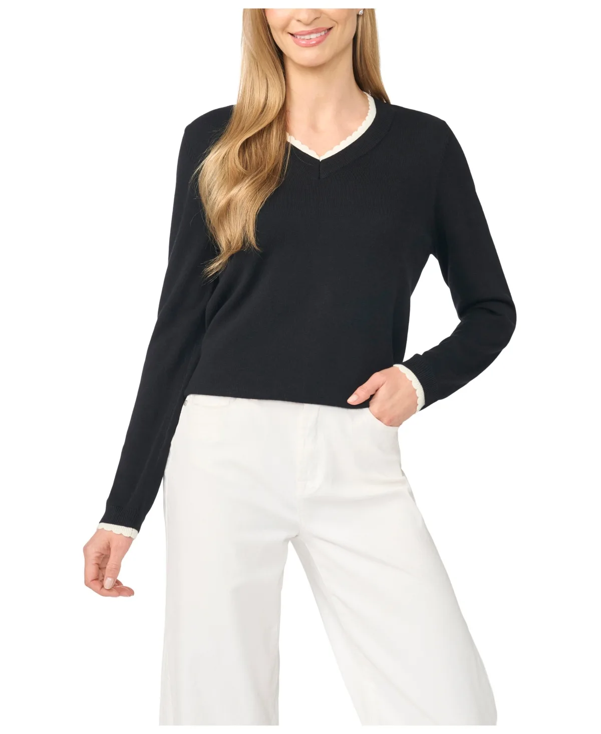Scallop-Trim V-Neck Long-Sleeve Sweater by CeCe