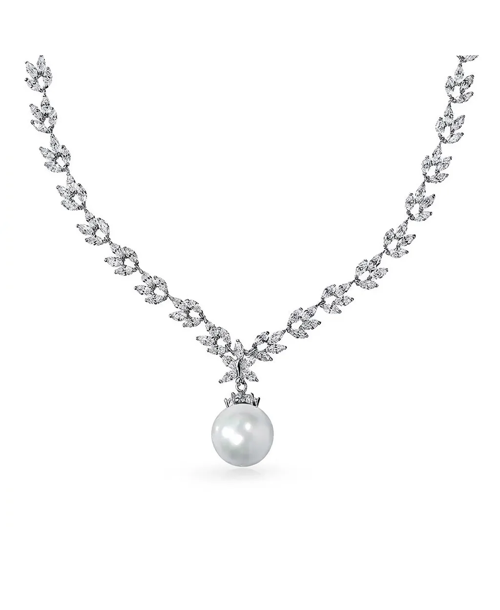 Fashion Cz Leaf Vine Solitaire Faux Pearl Statement Necklace Silver Plated by Bling Jewelry