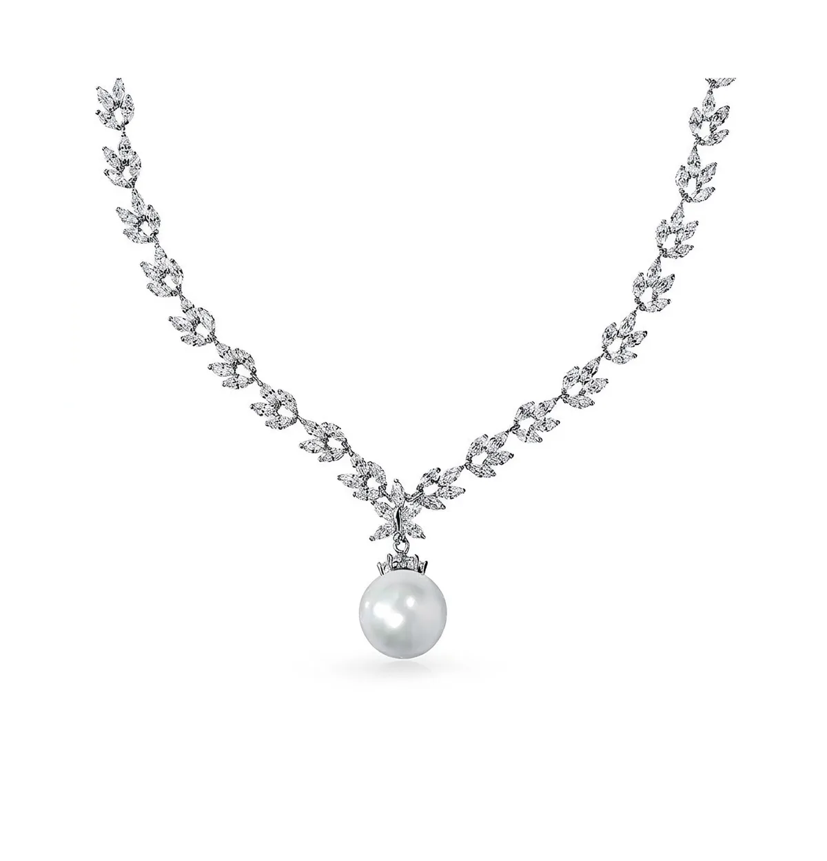 Fashion Cz Leaf Vine Solitaire Faux Pearl Statement Necklace Silver Plated by Bling Jewelry