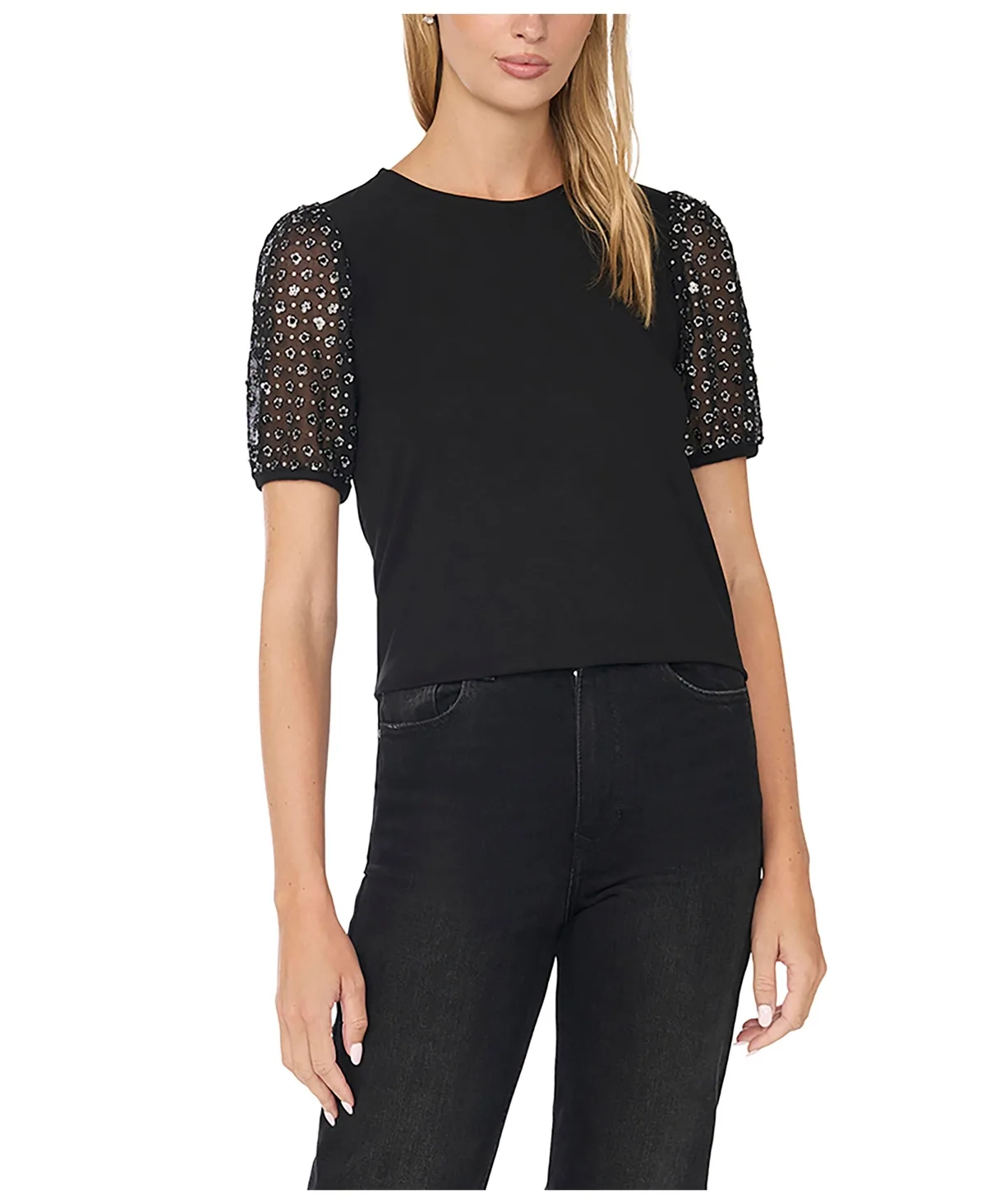 Crewneck Short Sleeve with Mixed Media Sleeve Sequin T-Shirt