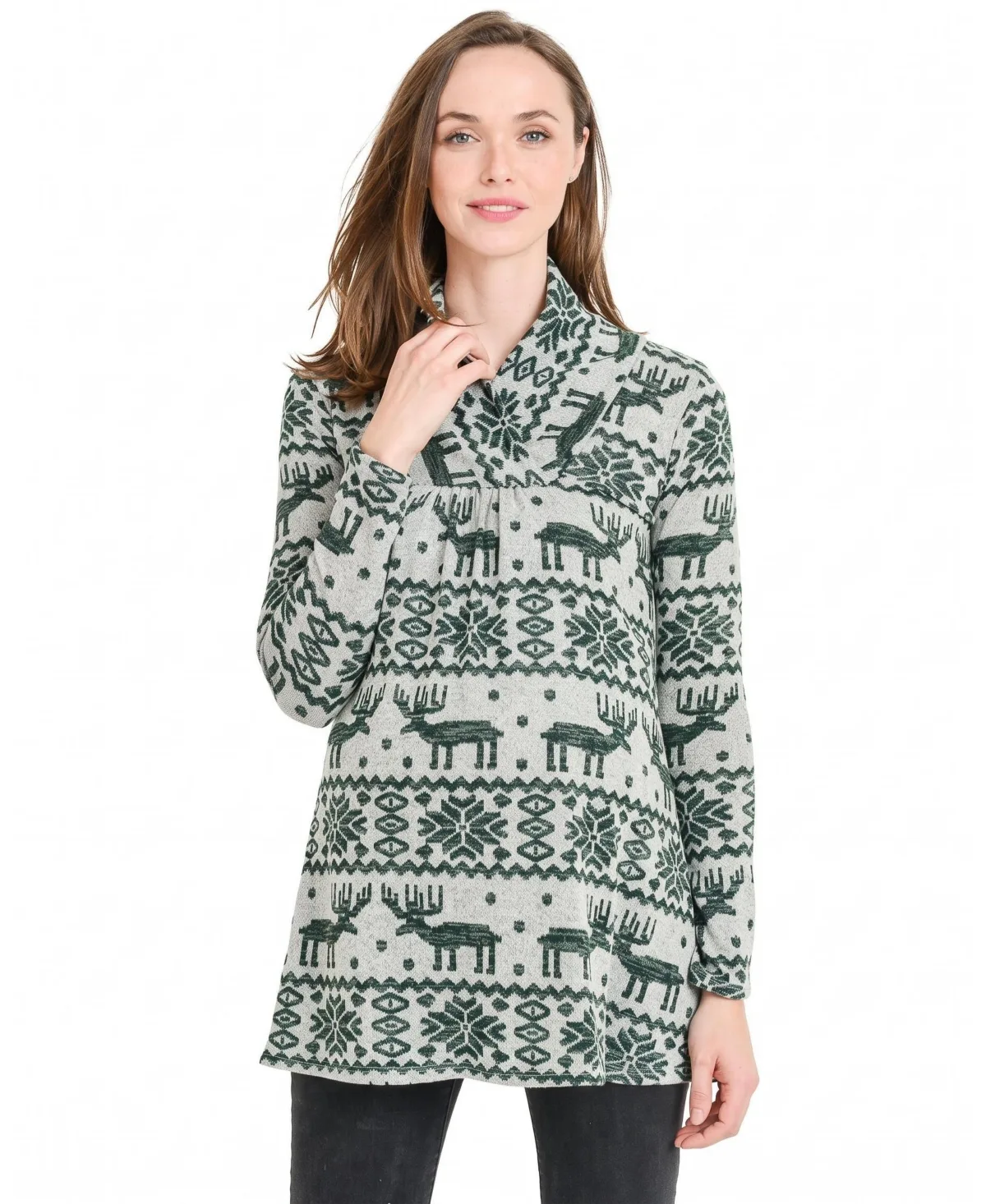 Reindeer Print Shawl-Collar Sweater by Hello Miz