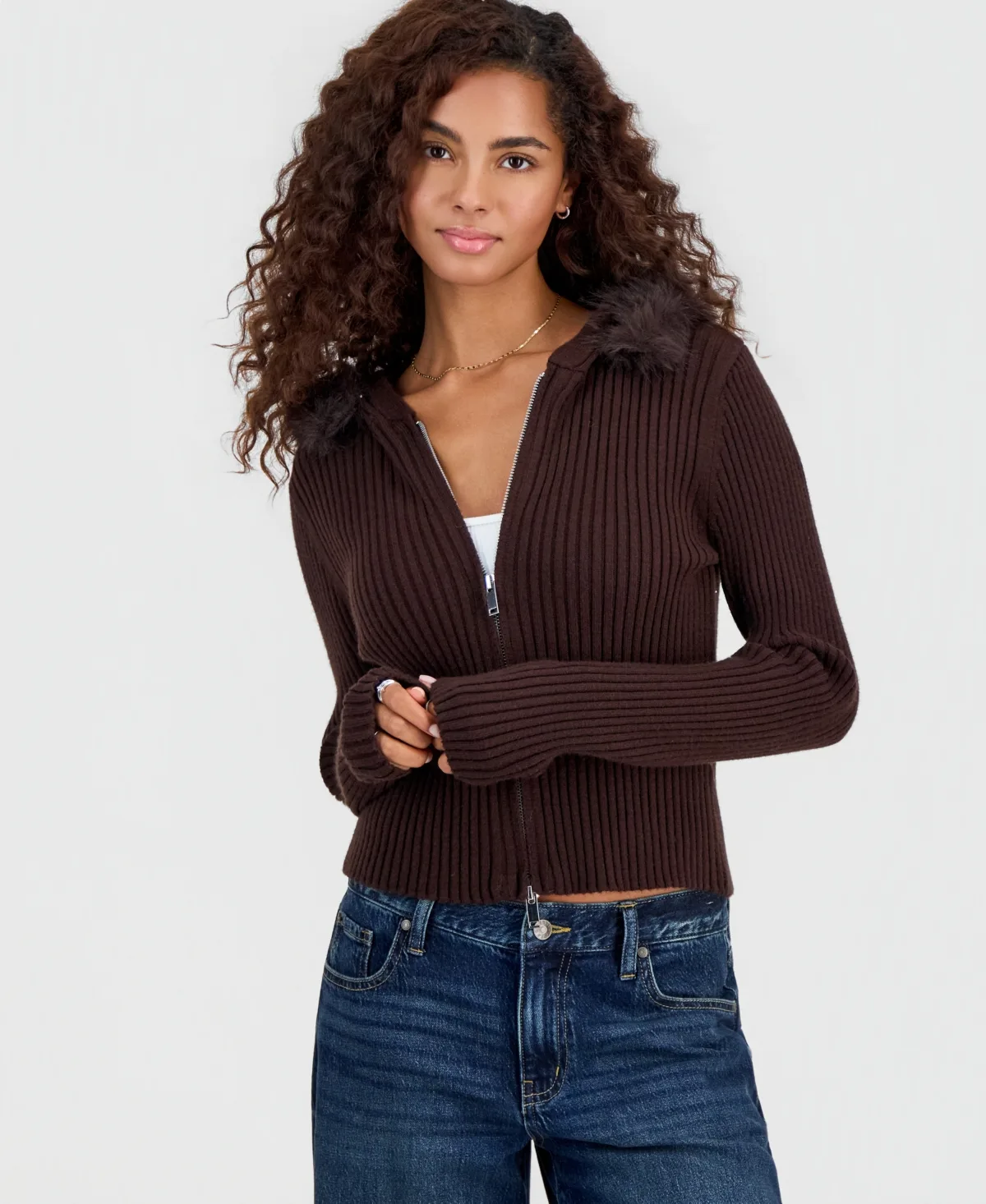 Full-Zip Hooded Faux Fur Trim Cardigan by Madden Girl