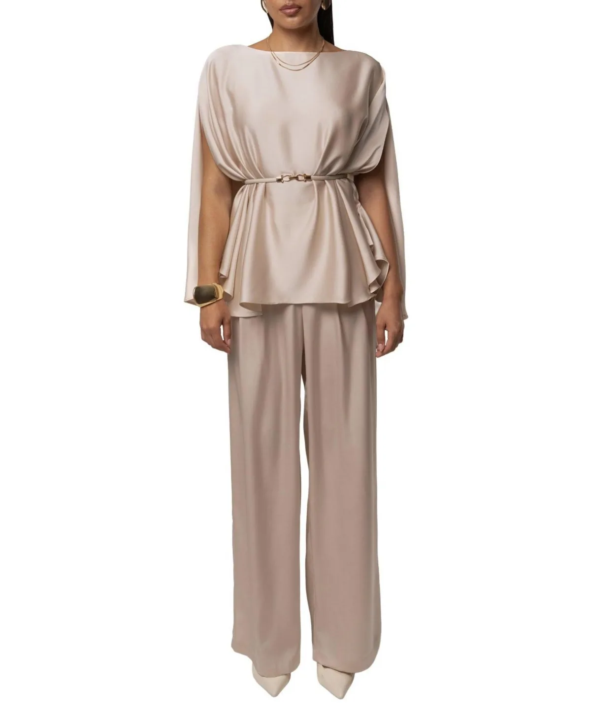 Power & Poise Satin Wide-Leg Detachable Belt Blouse and Pants, 2-Piece Set by Jluxlabel