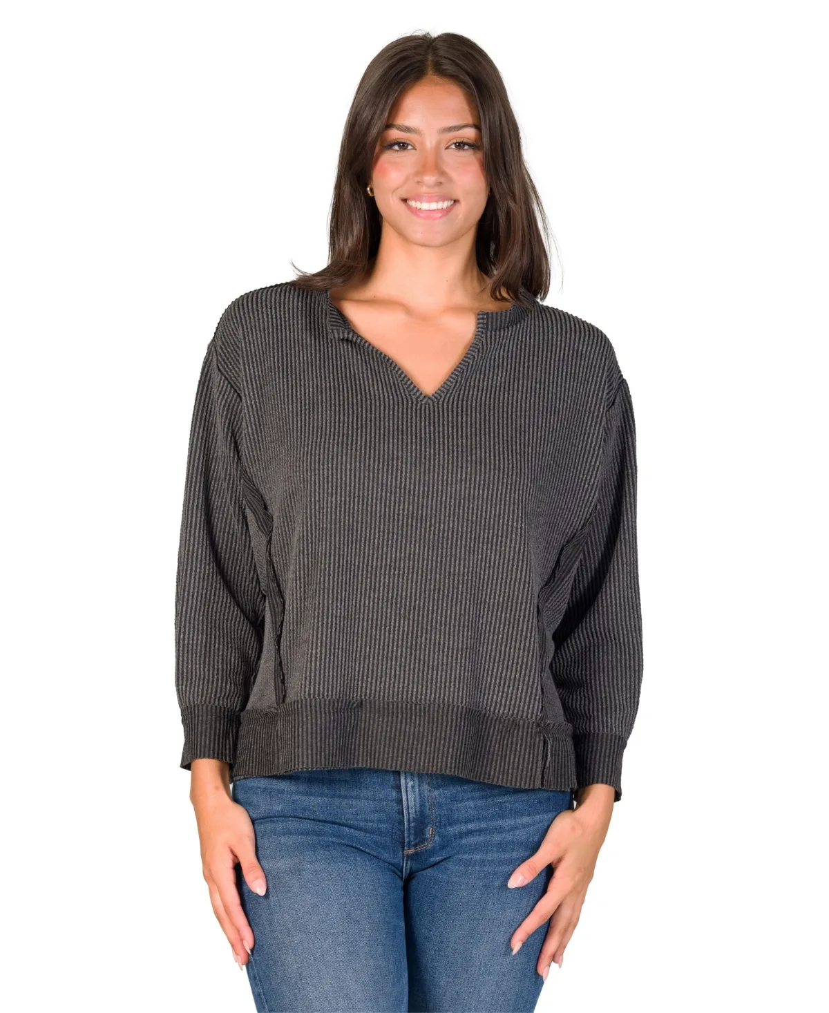Ribbed-Knit V-Neck Long-Sleeve Top by 24seven Comfort Apparel
