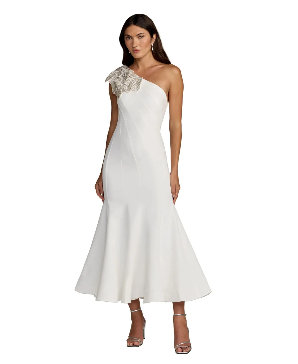 Mac Duggal Crepe One Shoulder Mermaid Midi Dress with Flower by M.A.C.