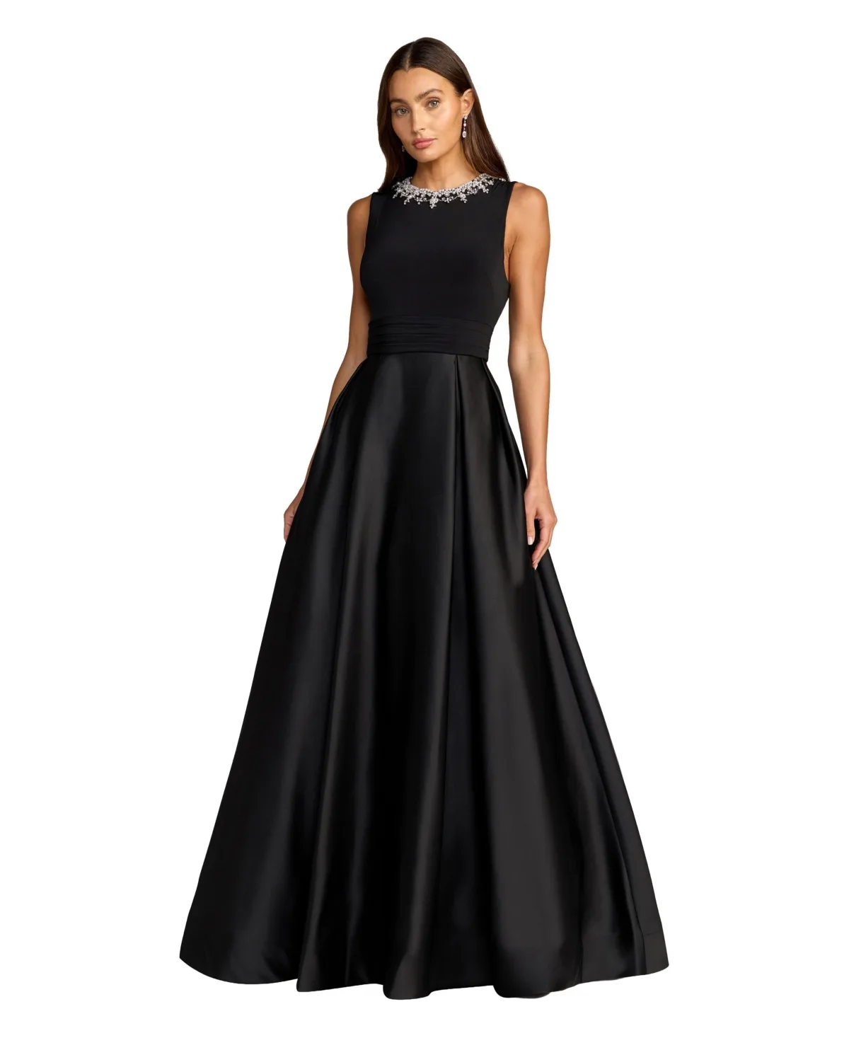 Mac Duggal Pearl-Embellished High-Neck Sleeveless A-Line Evening Gown by M.A.C.