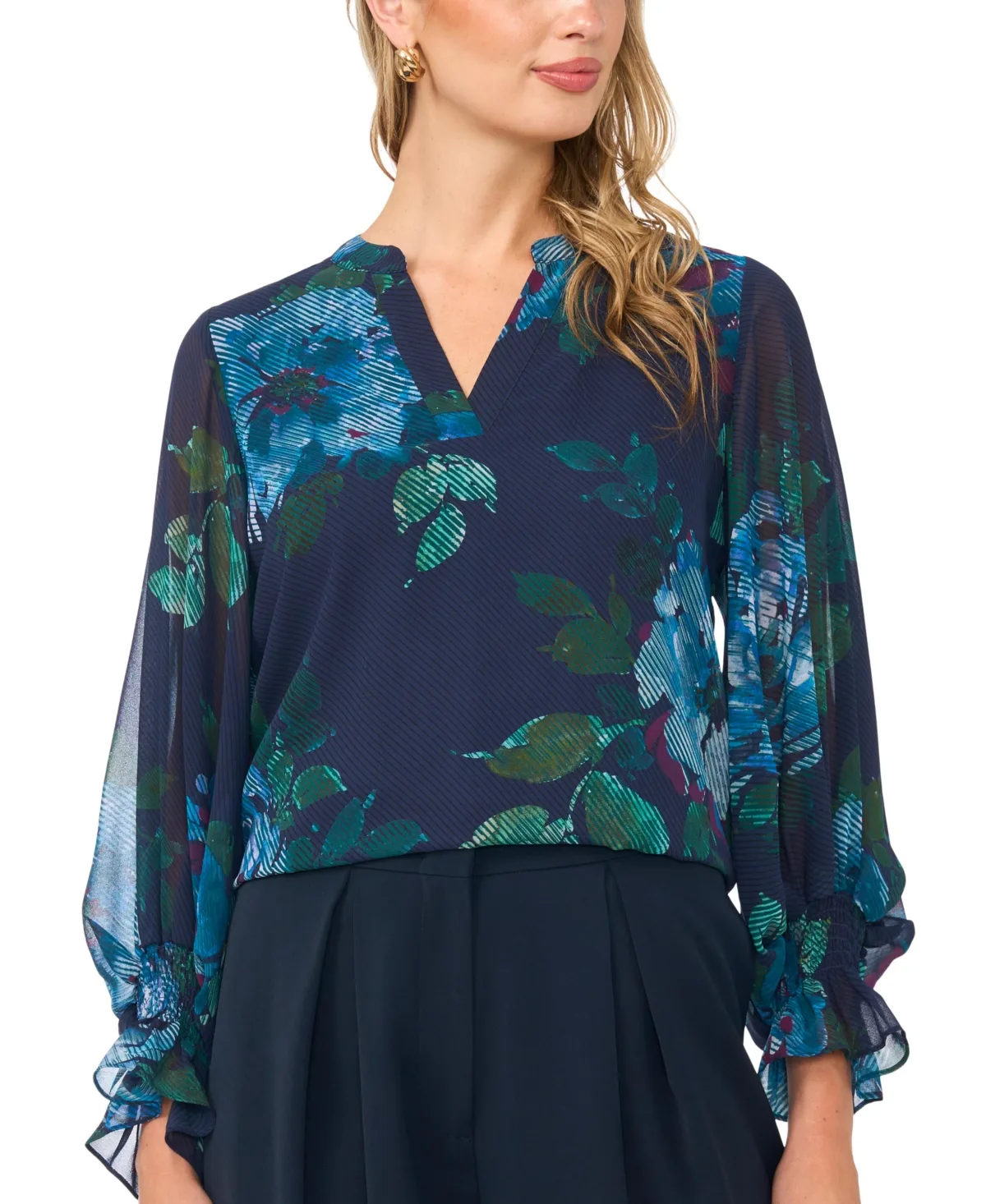 Split Neck Long-Sleeve Smocked Cuffs Blouse