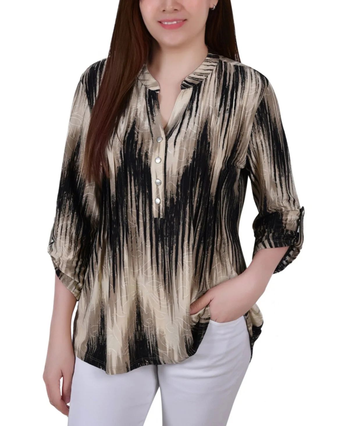 3/4 Roll Tab Sleeve Y-Neck Top