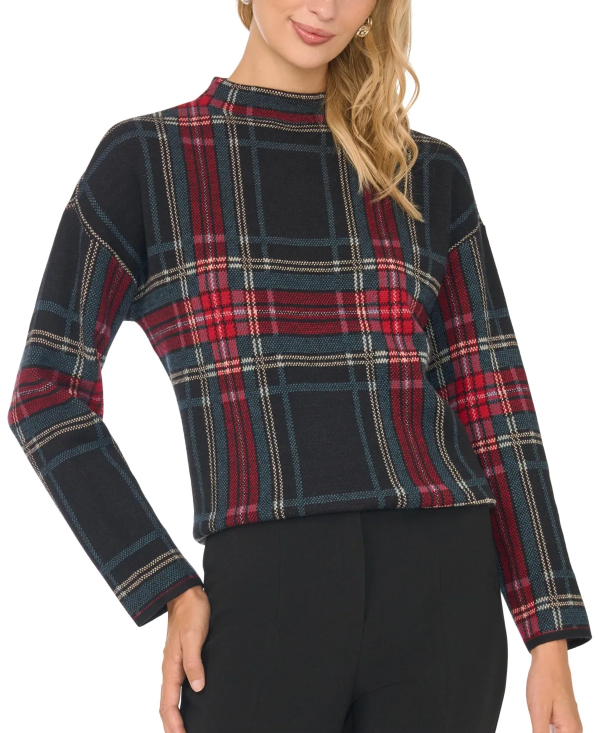 Tartan Plaid Mock Neck Pullover Sweater by Vince Camuto
