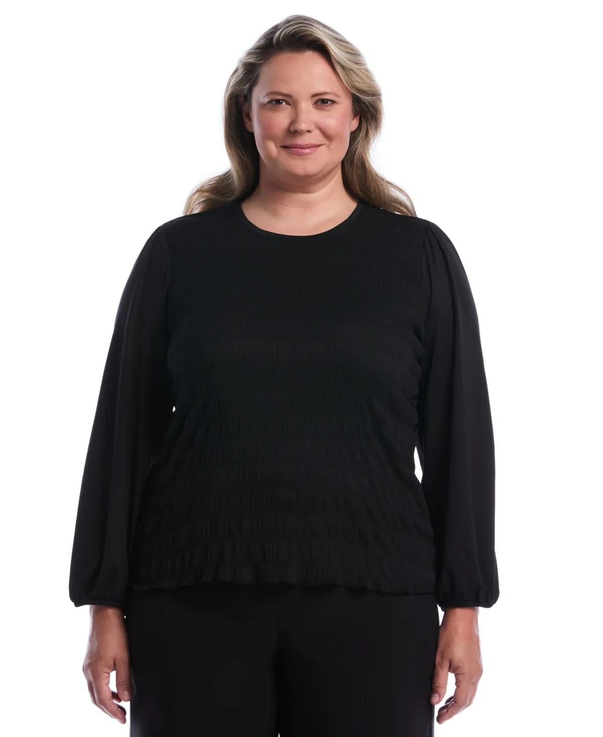 Long-Sleeve Puff-Sleeve Crewneck Blouse by Rafaella