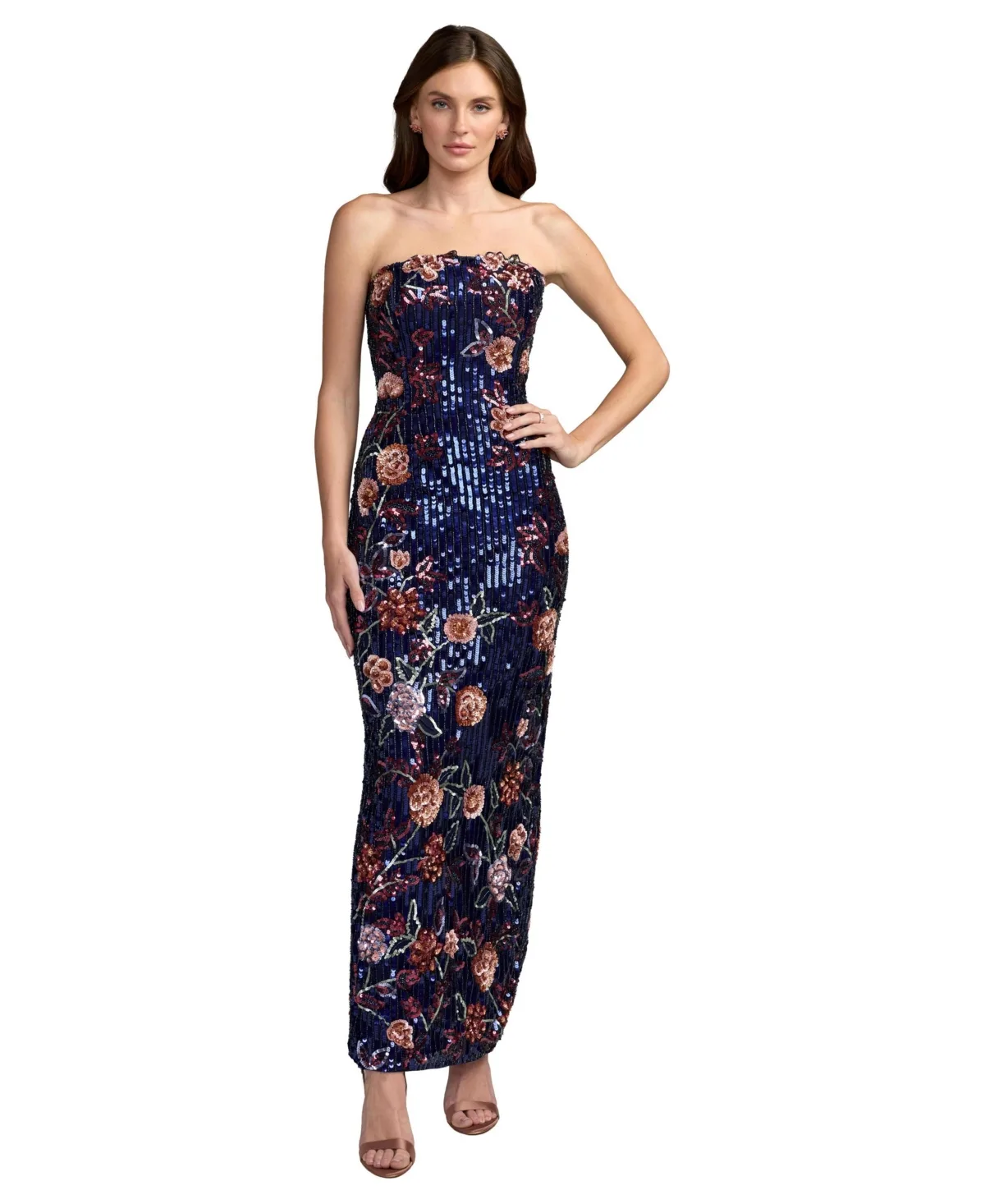 Strapless Floral Sequin Column Gown by M.A.C.