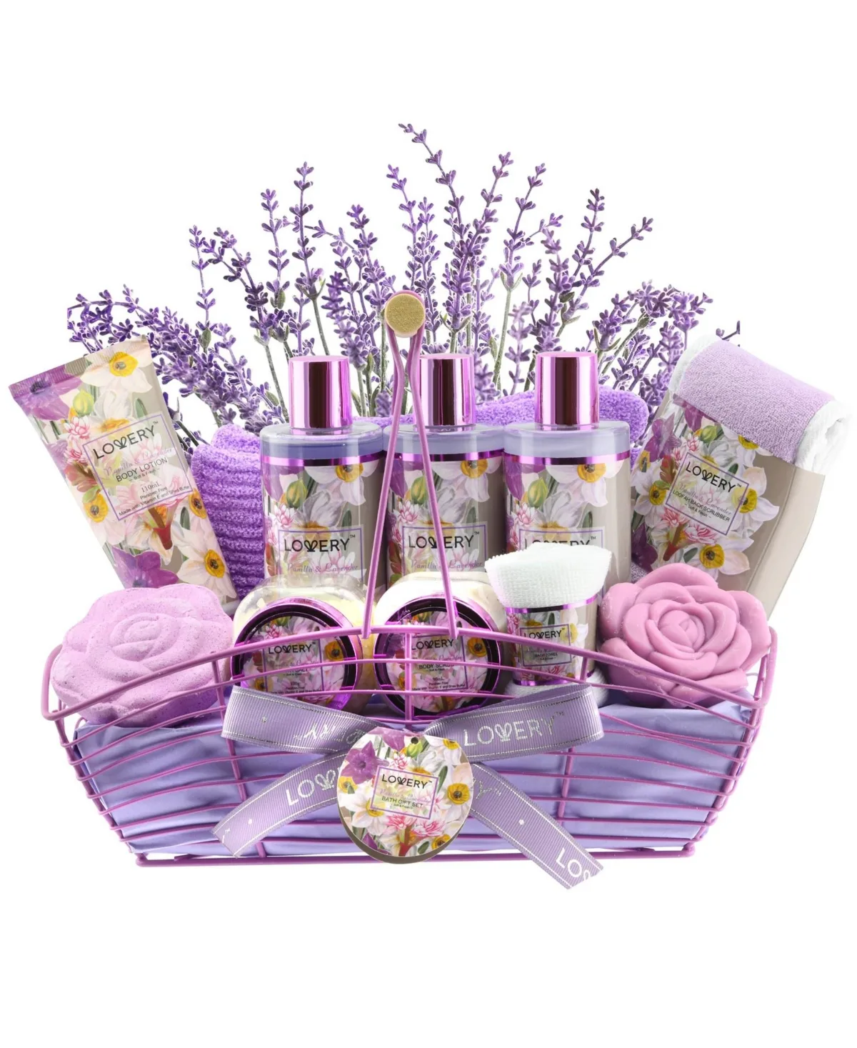 Vanilla Lavender Home Spa Body Care Gift Set, Natural Bath Gift Basket, 13 Piece Self Care Kit by Lovery