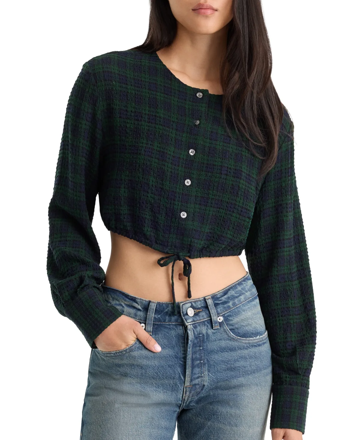 Crinkle Cinched Plaid Long-Sleeve Blouse by GOOD AMERICAN
