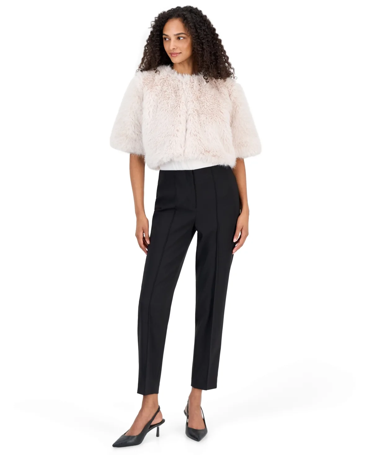 Kissing Front Cropped Faux Fur Shrug by Anne Klein