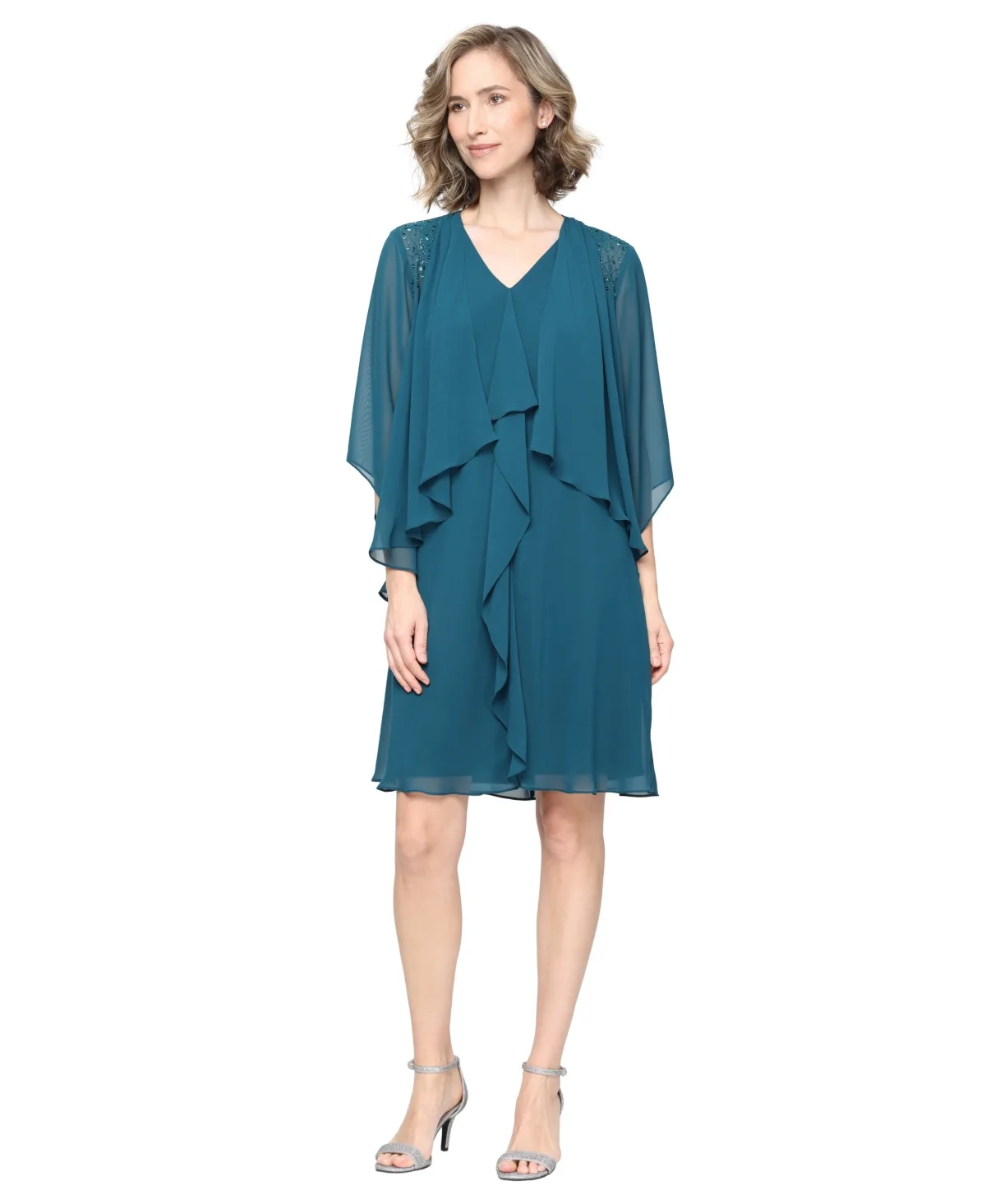 Knee-Length V-Neck Chiffon Jacket Dress by Sl Fashions