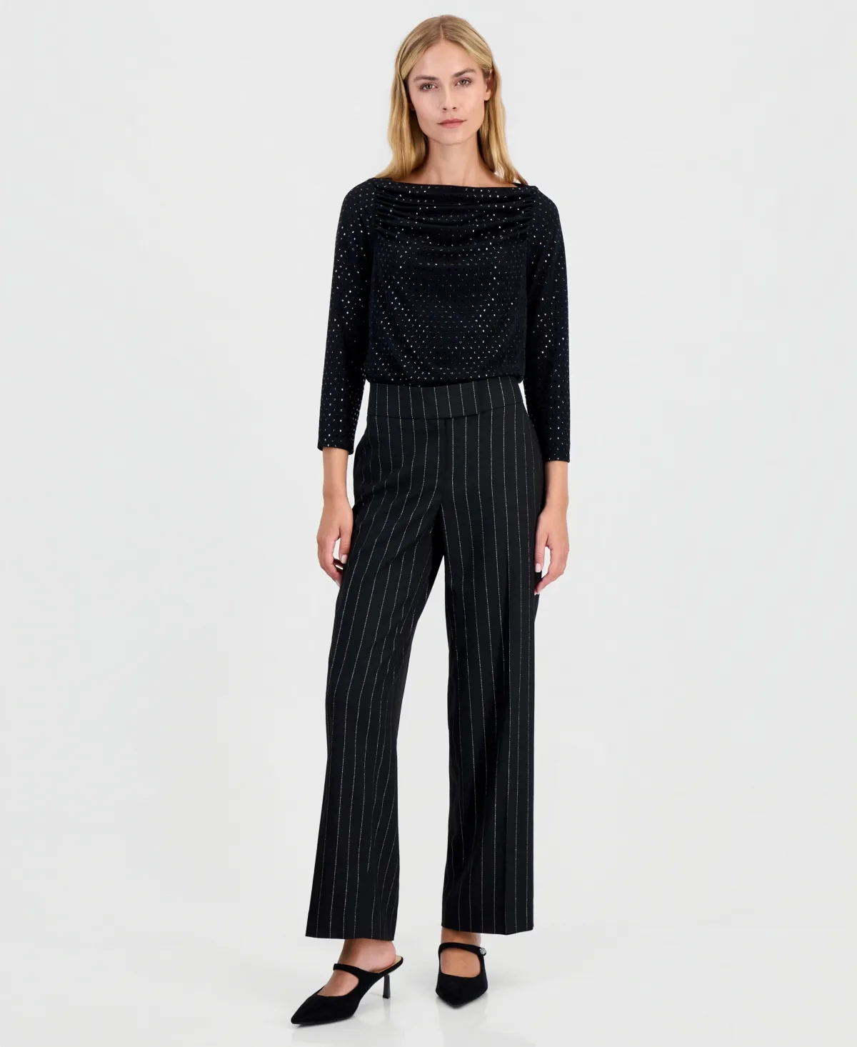 Ava Pinstripe Mid Rise Wide Leg Pant by Kasper