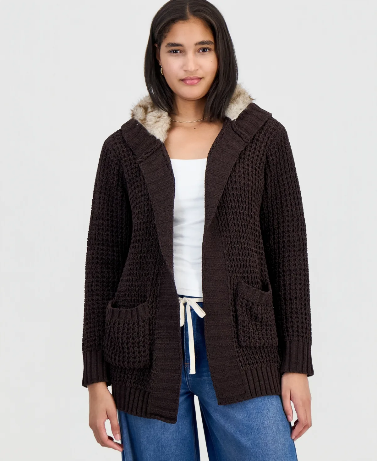 Hooded Open-Front Faux-Fur-Lined Cardigan by Madden Girl
