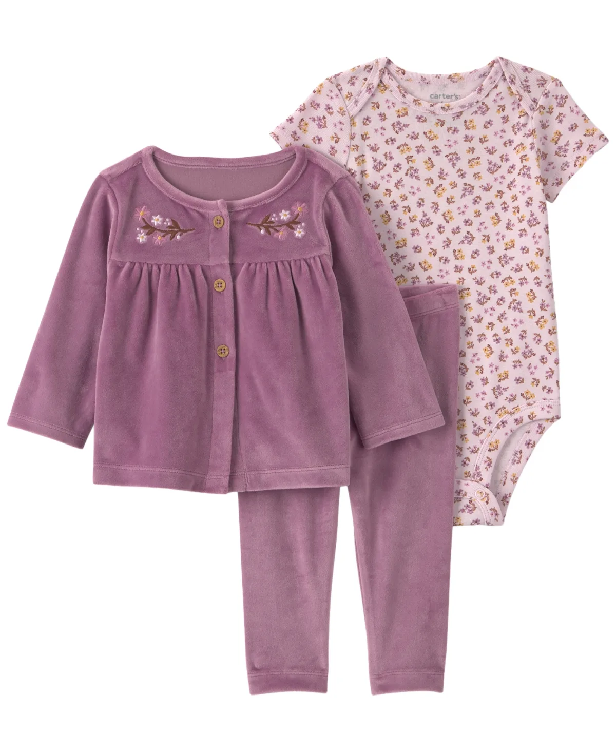 Floral-Embroidered Long-Sleeve Velour Cardigan, Bodysuit and Pants, 3-Piece Set by Carter's