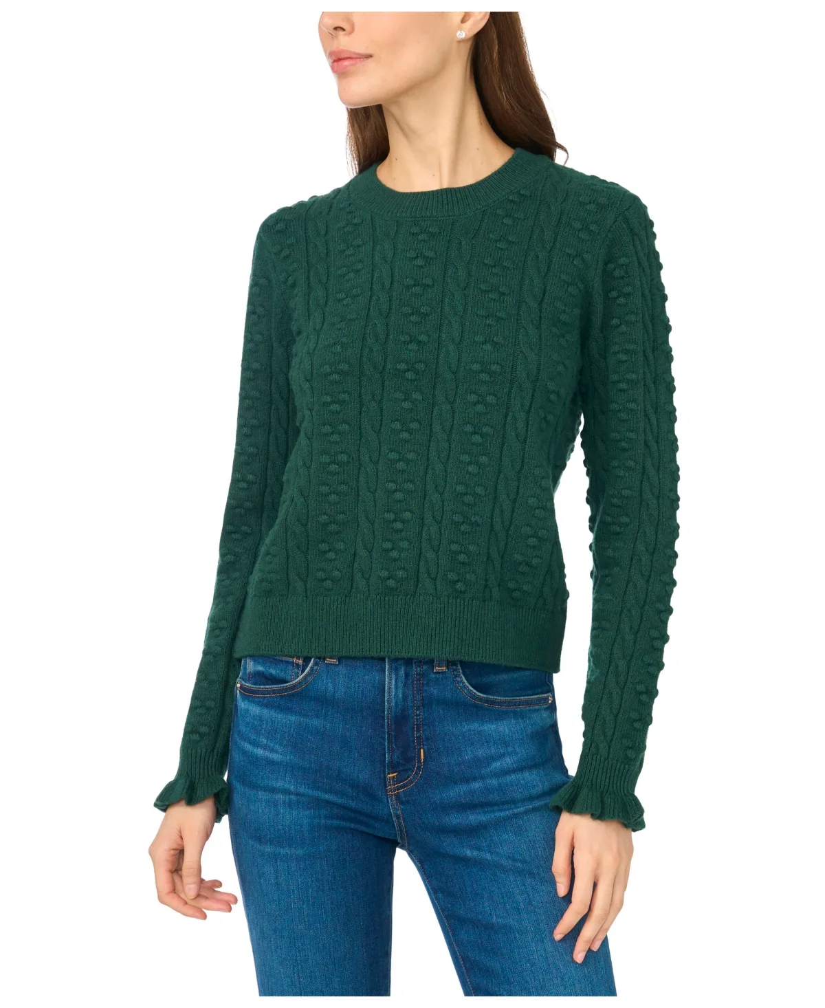 Cable-Knit Crewneck Ruffle-Trim Sweater