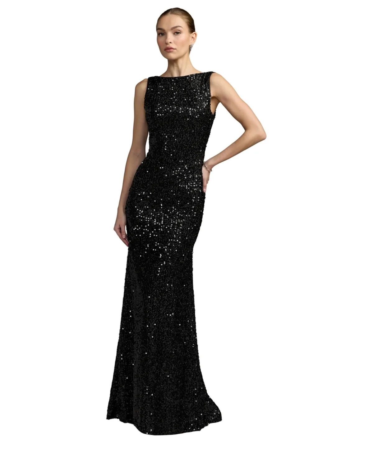 Mac Duggal Petite Sequin Cowl-Back Boat-Neck Gown by M.A.C.