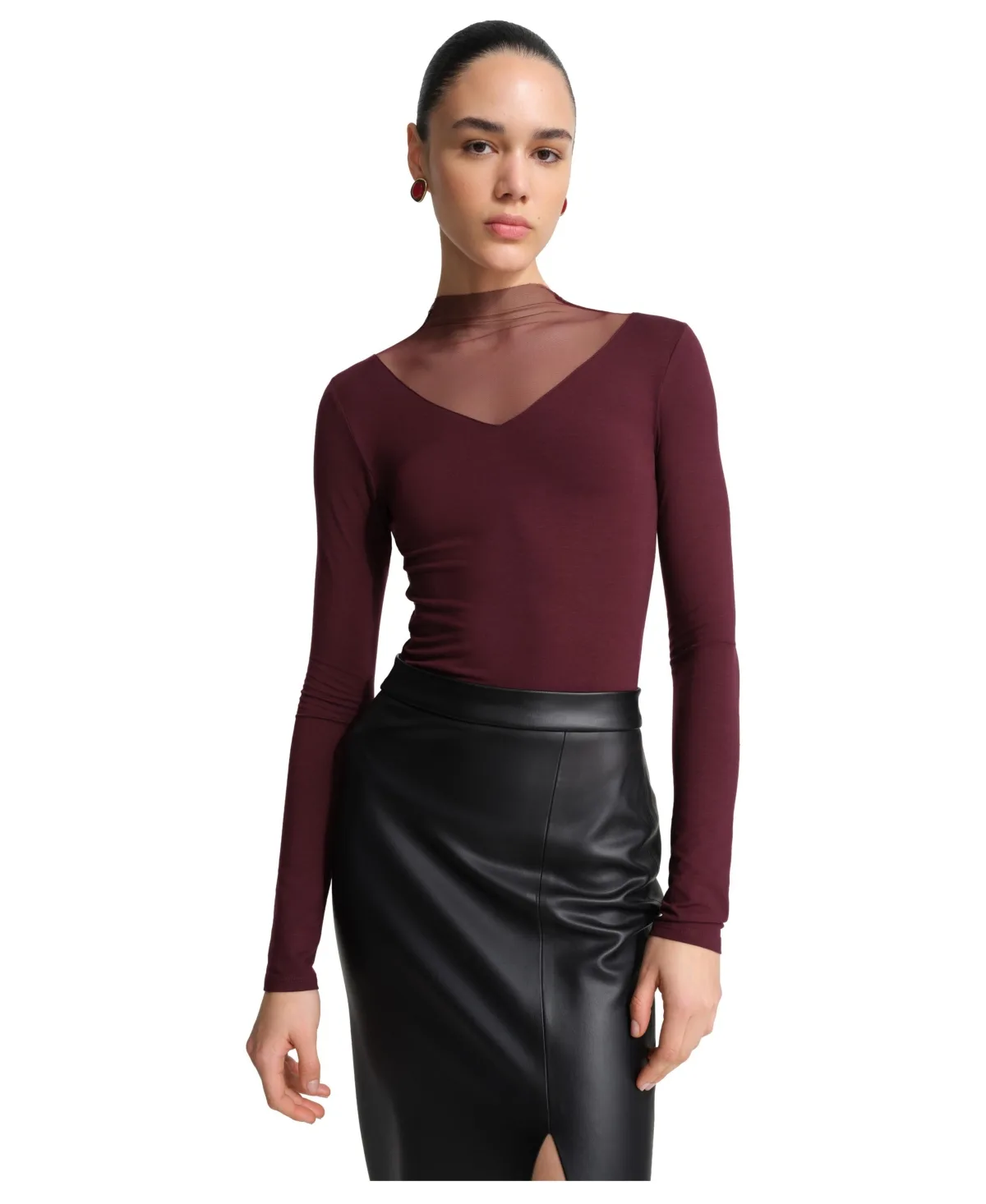 Saige Long-Sleeve Sheer Funnel Neck Top by Marcella