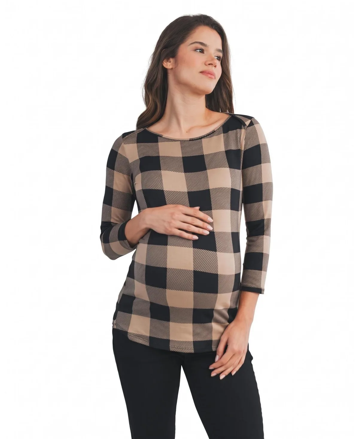 Maternity Plaid Boat Neck 3/4-Sleeve Top by Hello Miz