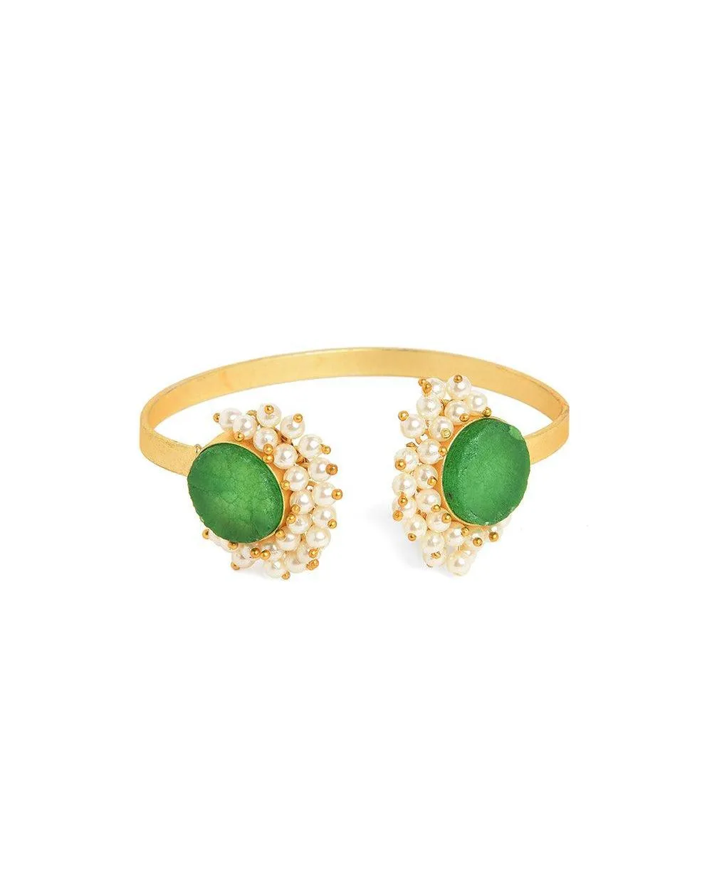 Gold-Tone Green Cluster Stone and Imitation Pearl Cuff Bracelet by Sohi