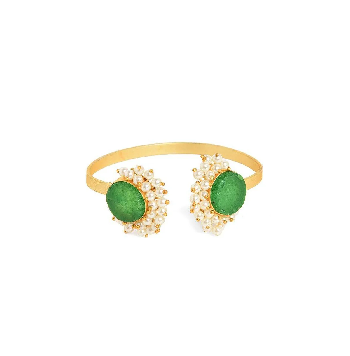 Gold-Tone Green Cluster Stone and Imitation Pearl Cuff Bracelet by Sohi
