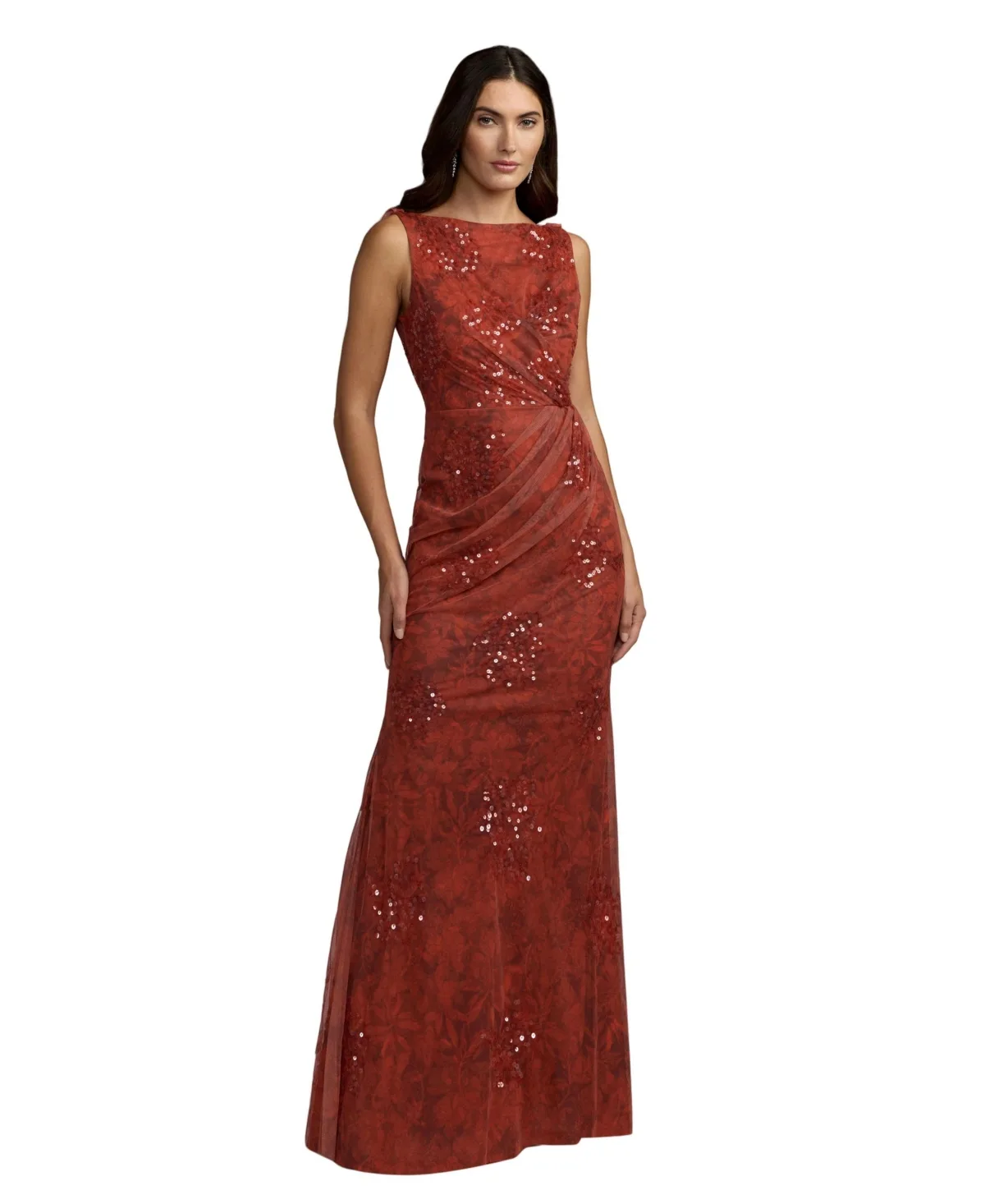 Mac Duggal High Neck Printed Mesh Cowl Back Column Gown by M.A.C.