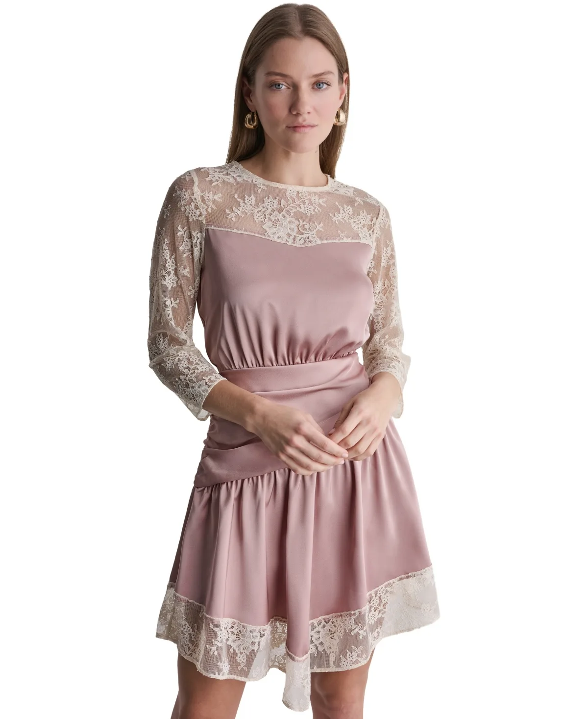 Long-Sleeve Mini Lace Trim Fit & Flare Dress by BCBG