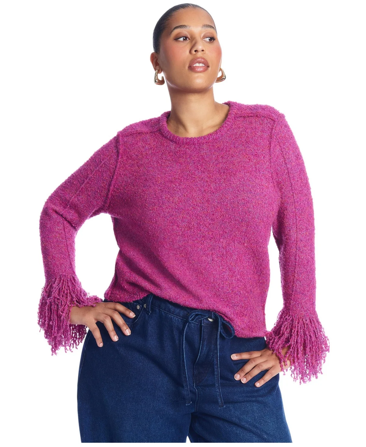 Cropped Drop-Shoulder Marled-Boucle Sweater by June & Vie