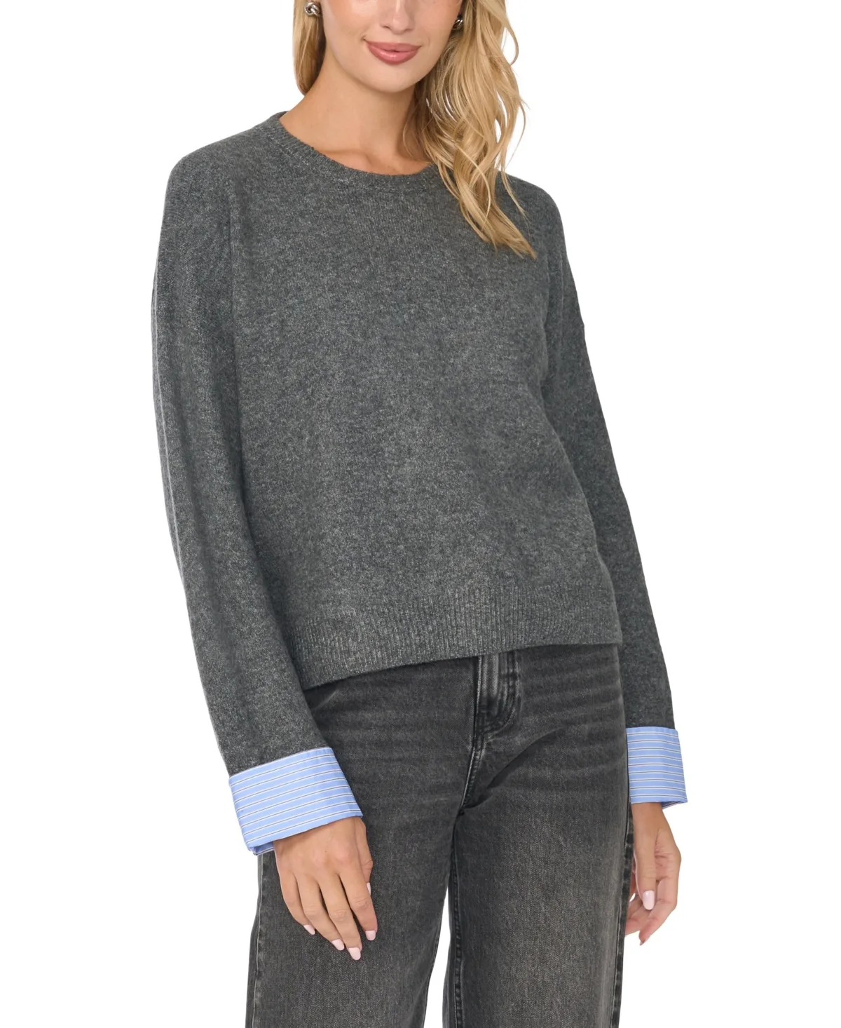 Crewneck with Woven Cuff Trim Long-Sleeve Sweater by Vince Camuto