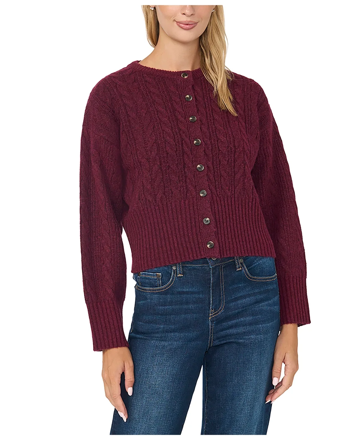 Cable-Knit Cropped Cardigan Sweater by CeCe