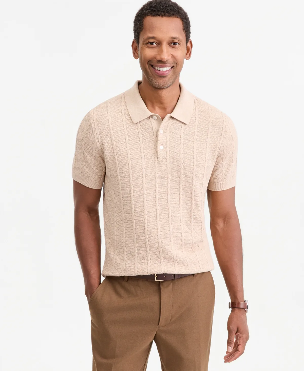 Cable-Knit Polo Short-Sleeve Sweater