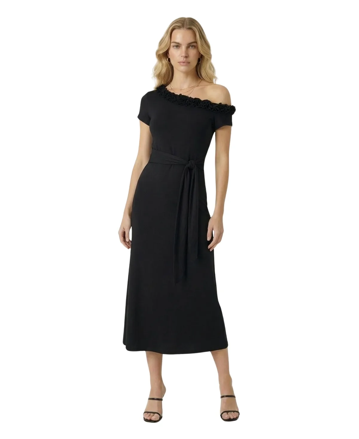 One-Shoulder A-Line Ruffle-Trim Midi Dress by Modenaire