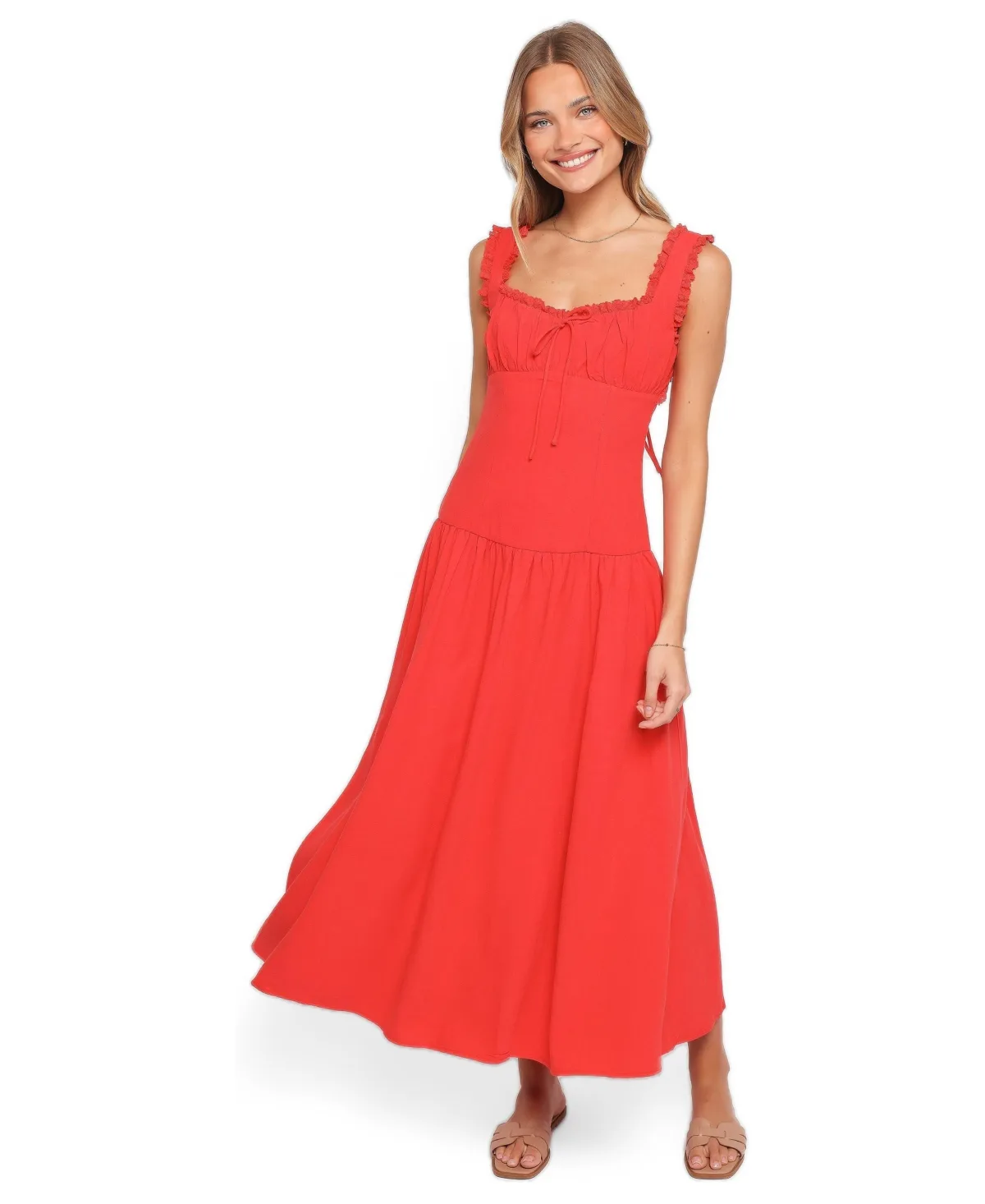 Joann Square Neckline Drop Waist Sleeveless Midi Dress by Petal and Pup