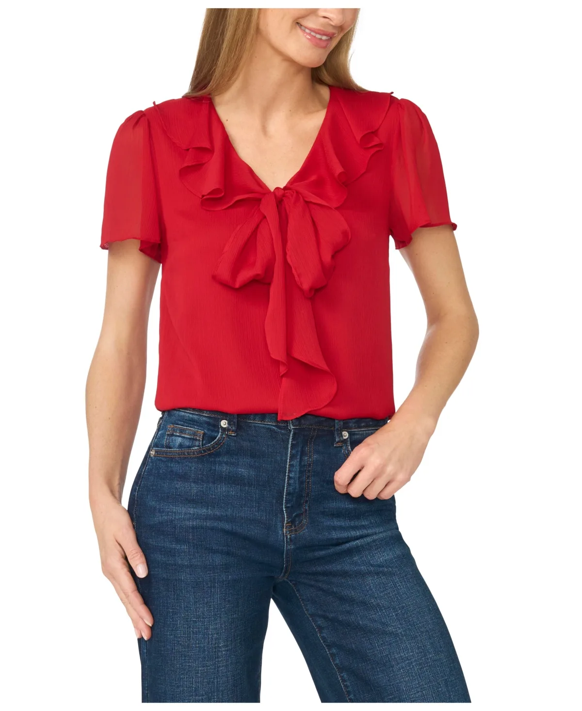 Tie-Front Ruffle V-Neck Blouse by CeCe