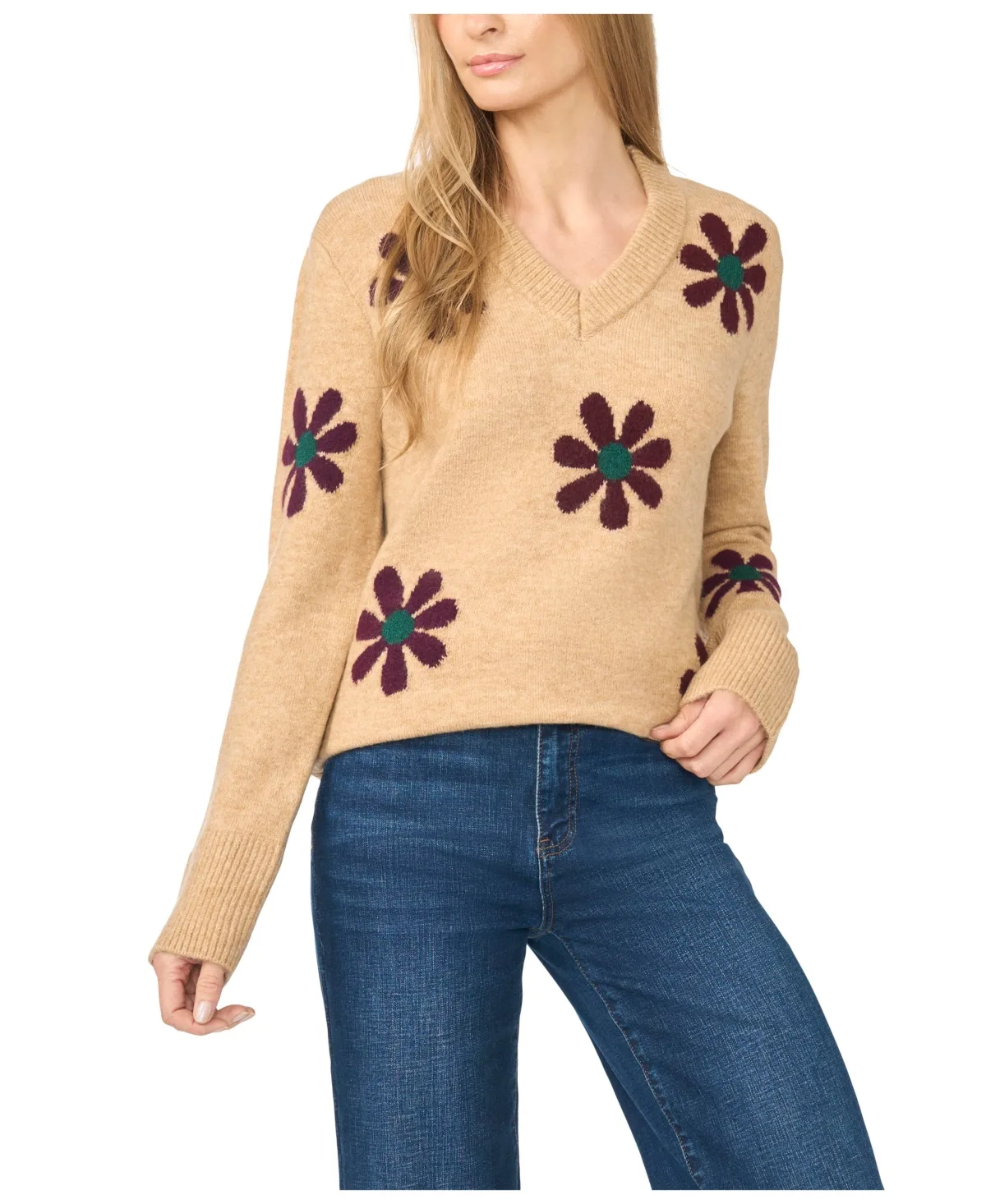 Groovy Floral-Print V-Neck Sweater by CeCe