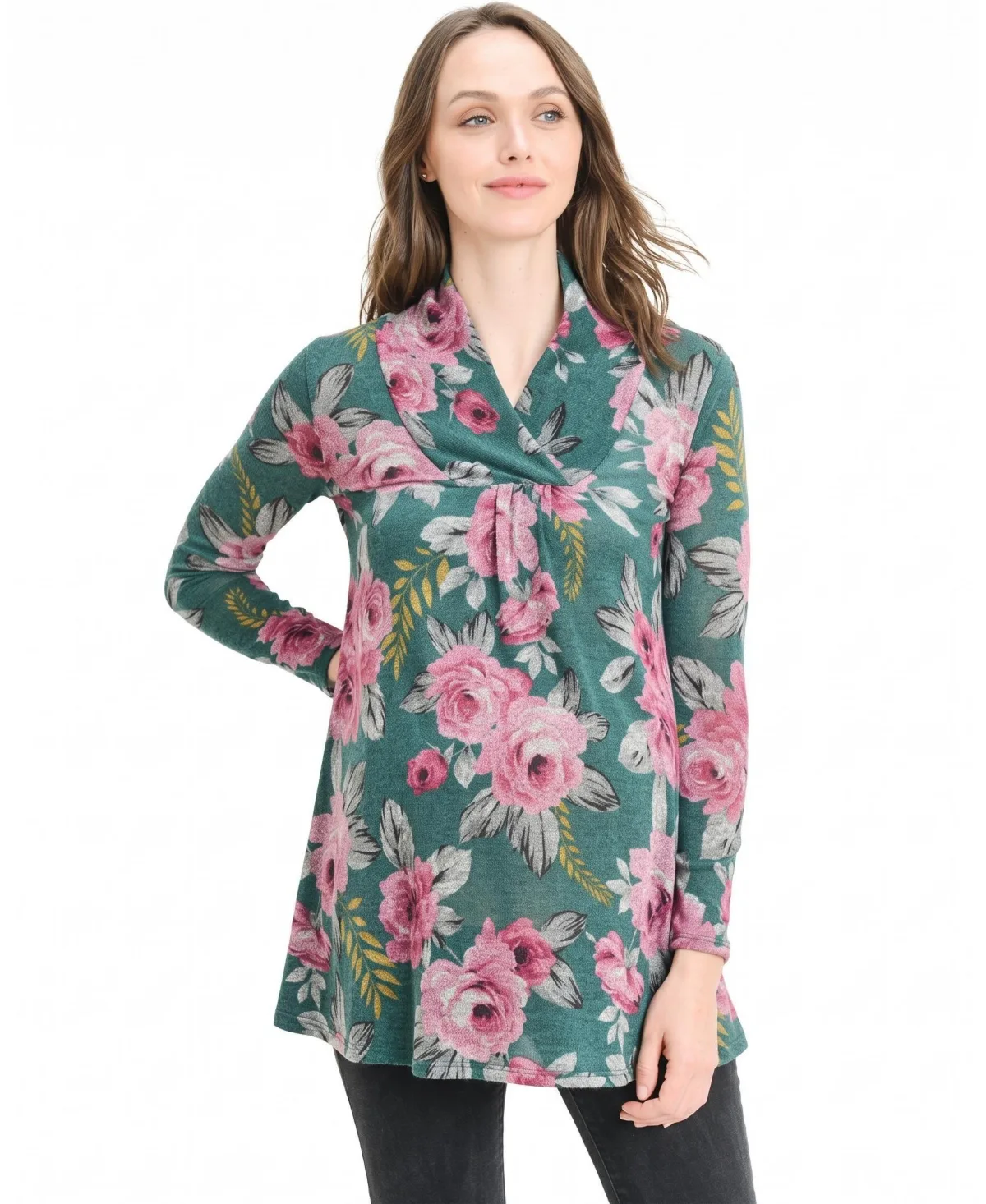 Floral Shawl-Collar Long-Sleeve Sweater by Hello Miz