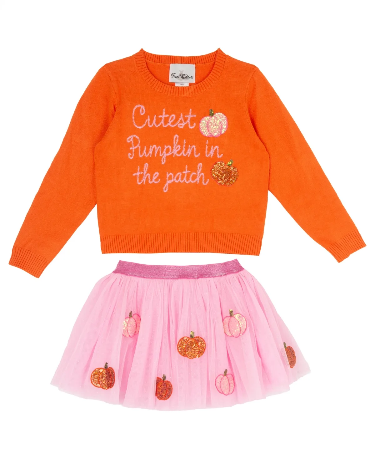 Cutest Pumpkin Embroidered Long-Sleeve Sweater and Tutu Mesh Skirt, 2-Piece Set by Rare Editions