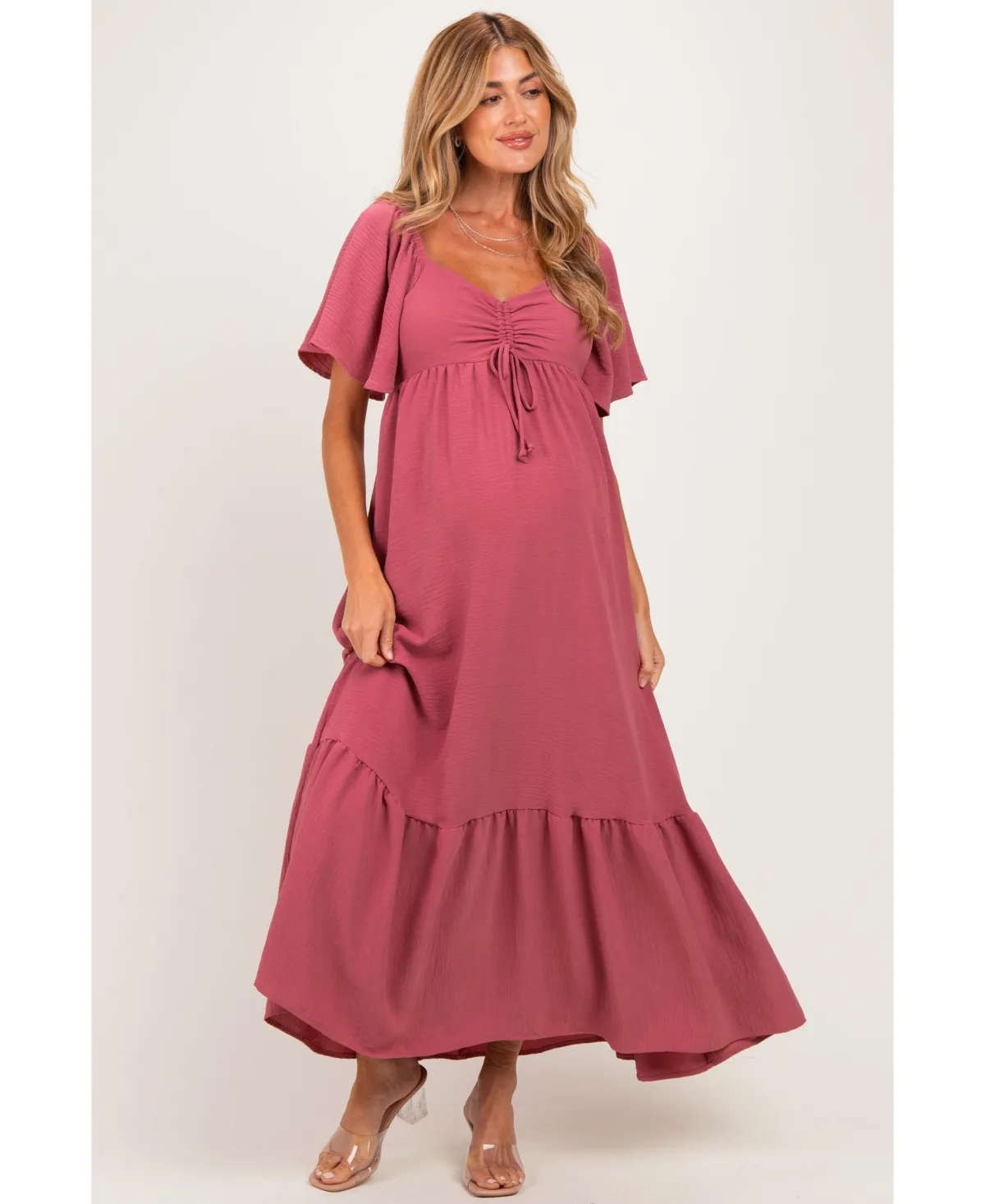 Maternity Light Blue Flutter Sleeve Ruffle Hem Maxi Dress by PinkBlush